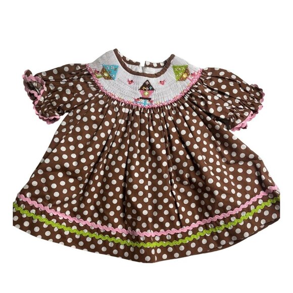 Brown Polka Dot Baby Dress 12M By Cukees With Embroidered Collar & Ruffled Sleev